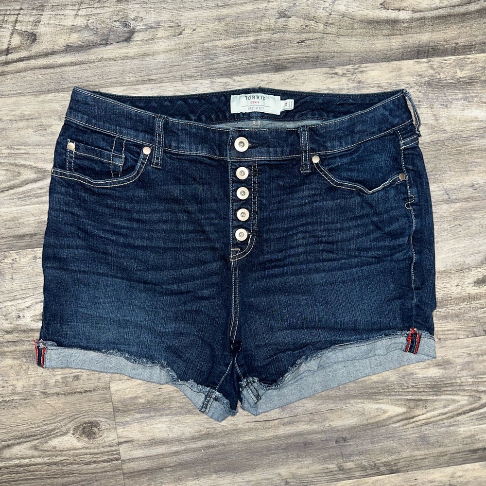Torrid button fly Jean shorts dark wash